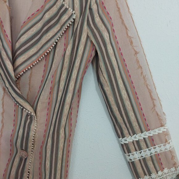HEMANT & NANDITA Women's Striped Beige Multicolor Double Breasted Jacket Size S - Picture 8 of 10